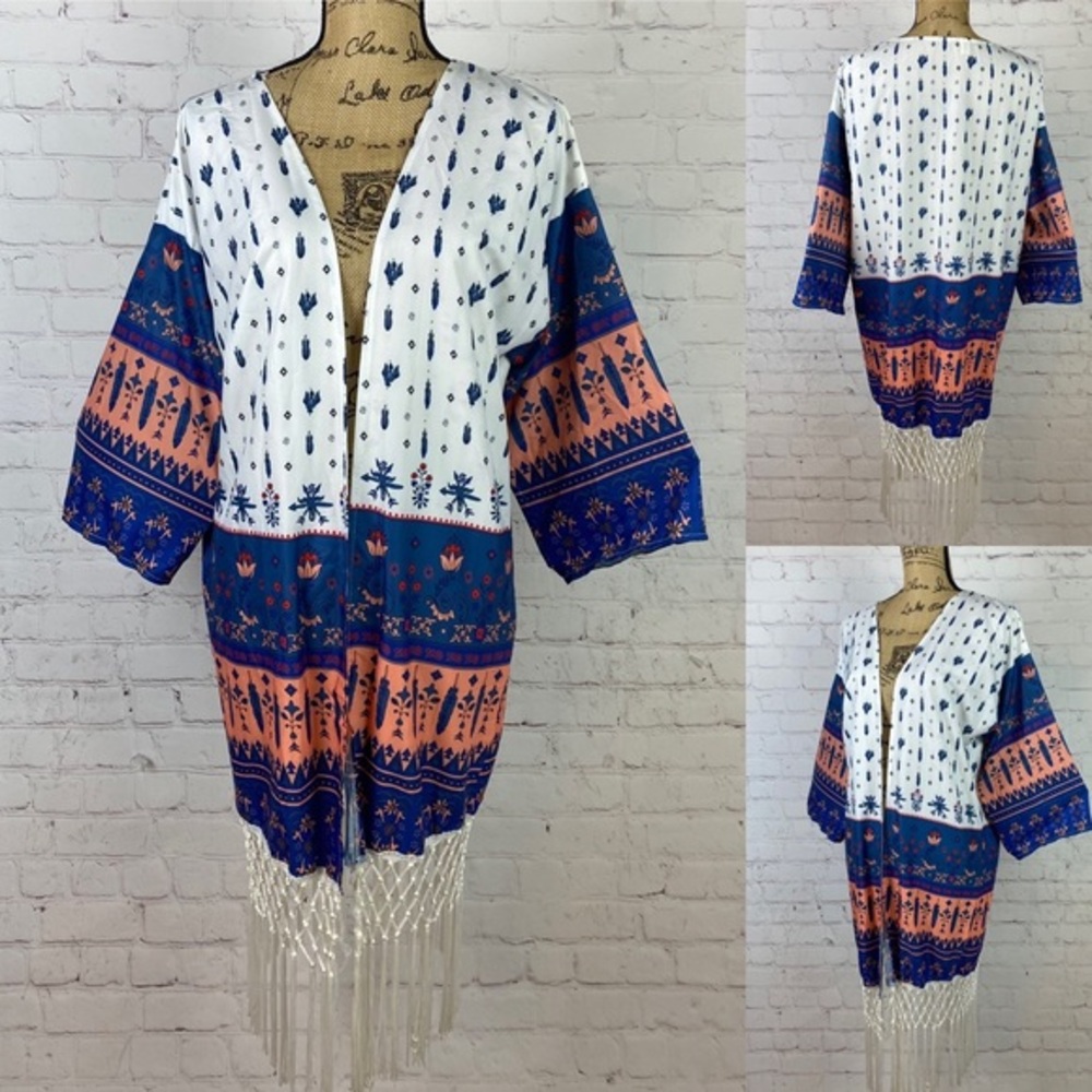 NWOT XJF Boho Print Open Front Lattice Fringe Bottom Kimono